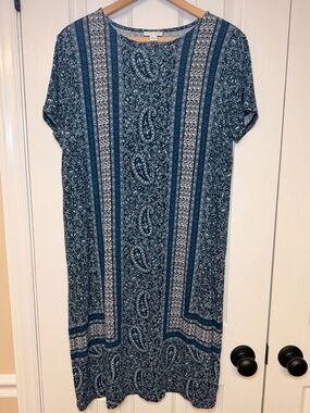J. Jill Blue Delft Paisley Shift Dress Small Boho Stretch Soft Coastal
